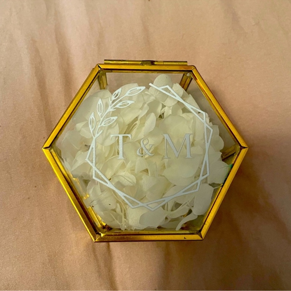 Hexagonal Gold Glass Box with White Petals